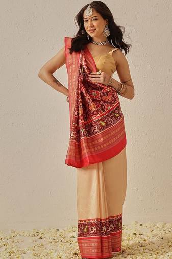 Cream woven art silk traditional saree with blouse piece