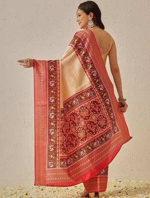 Cream woven art silk traditional saree with blouse piece 2