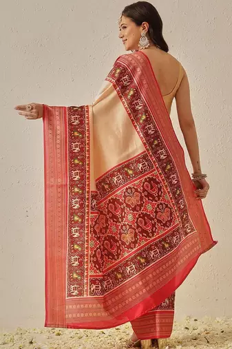 Cream woven art silk traditional saree with blouse piece