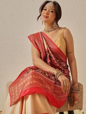 Cream woven art silk traditional saree with blouse piece 3