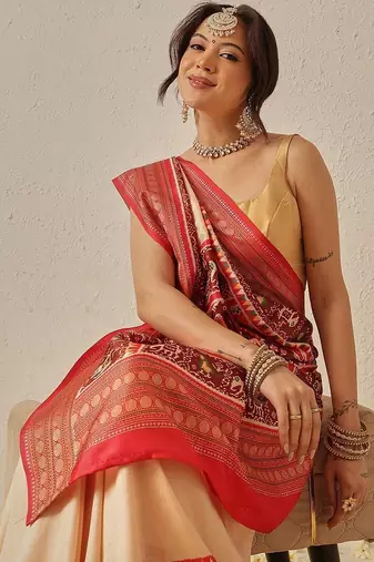 Cream woven art silk traditional saree with blouse piece