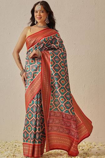 Multicolor woven art silk traditional saree with blouse piece