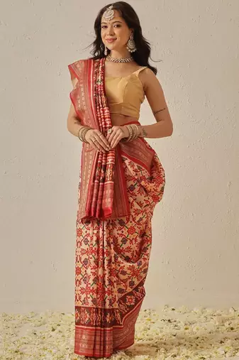 Cream woven art silk traditional saree with blouse piece