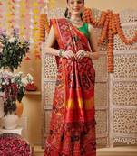 Red printed silk cotton ethnic saree with blouse piece