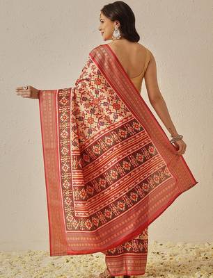 Cream woven art silk traditional saree with blouse piece 2