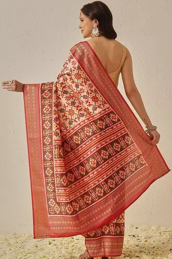 Cream woven art silk traditional saree with blouse piece