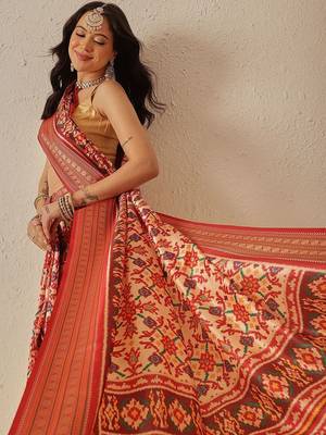 Cream woven art silk traditional saree with blouse piece 3