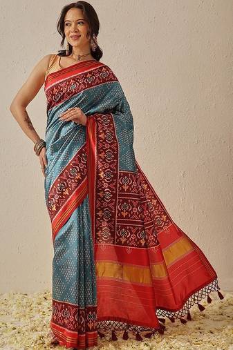Blue woven art silk traditional saree with blouse piece