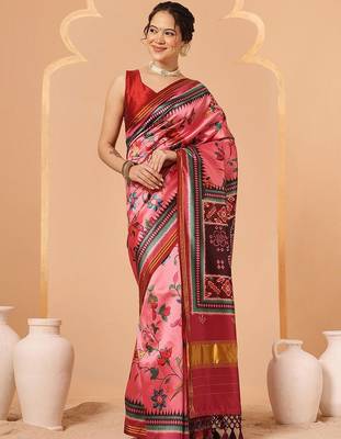Pink printed art silk ethnic saree with blouse piece 1
