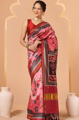 Pink printed art silk ethnic saree with blouse piece