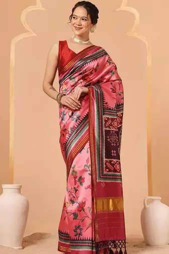 Pink printed art silk ethnic saree with blouse piece