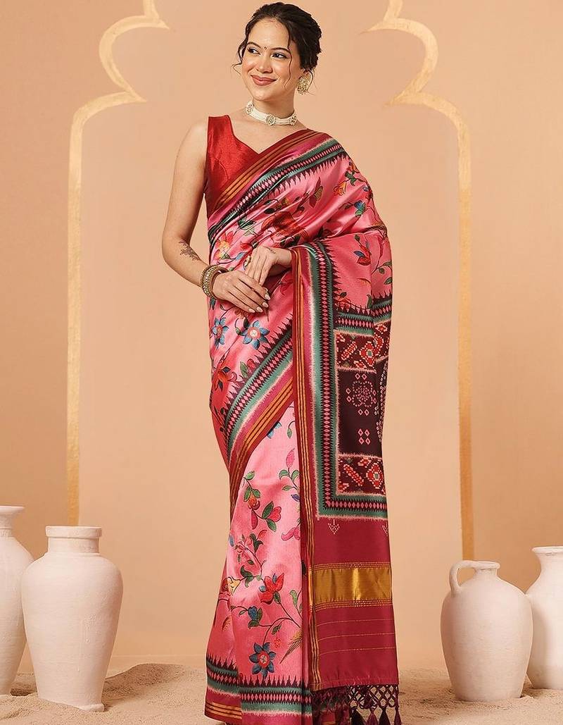 Pink printed art silk ethnic saree with blouse piece