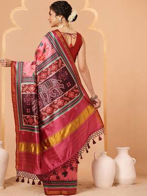 Pink printed art silk ethnic saree with blouse piece 2