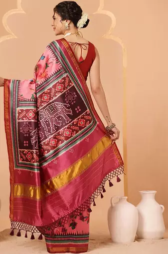Pink printed art silk ethnic saree with blouse piece