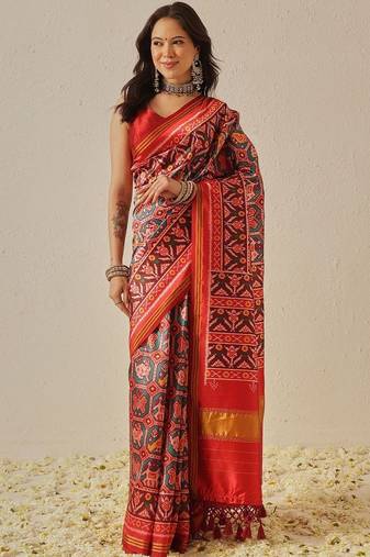 Red woven art silk traditional saree with blouse piece