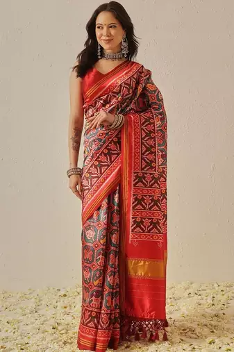 Red woven art silk traditional saree with blouse piece