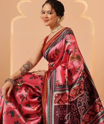 Pink printed art silk ethnic saree with blouse piece 3