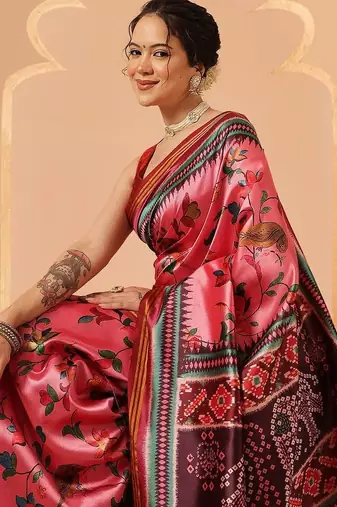 Pink printed art silk ethnic saree with blouse piece