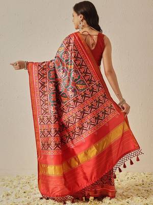 Red woven art silk traditional saree with blouse piece 2