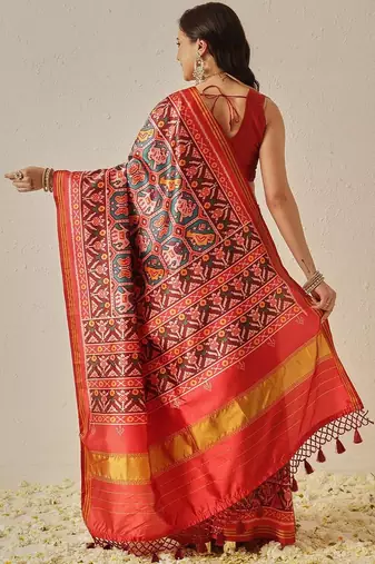 Red woven art silk traditional saree with blouse piece