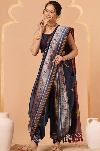 Navy blue woven art silk traditional saree with blouse piece