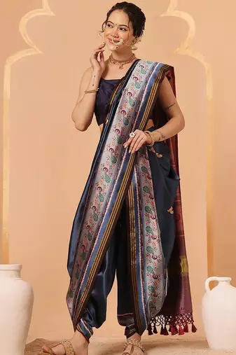 Navy blue woven art silk traditional saree with blouse piece