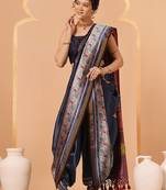 Navy blue woven art silk traditional saree with blouse piece