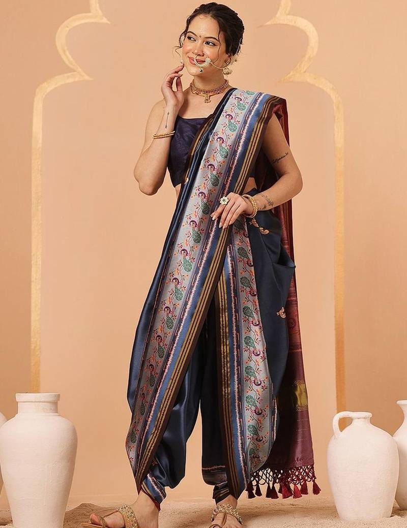 Navy blue woven art silk traditional saree with blouse piece