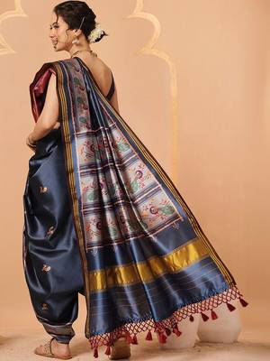 Navy blue woven art silk traditional saree with blouse piece 2
