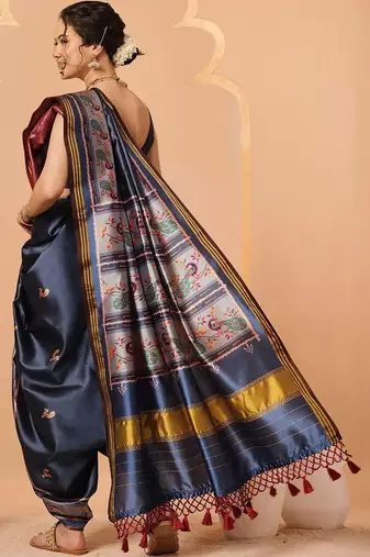 Navy blue woven art silk traditional saree with blouse piece