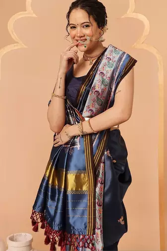 Navy blue woven art silk traditional saree with blouse piece
