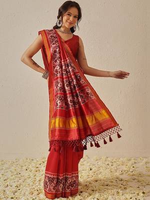 Red woven art silk traditional saree with blouse piece 1