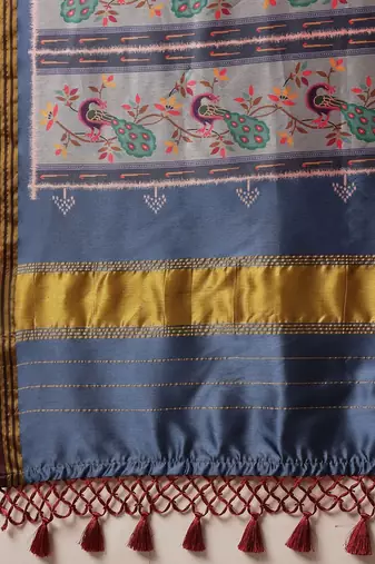Navy blue woven art silk traditional saree with blouse piece