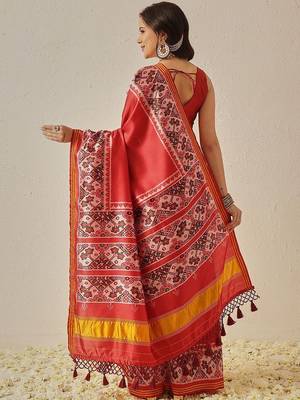 Red woven art silk traditional saree with blouse piece 2