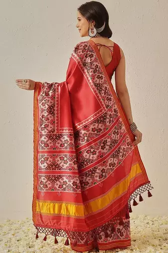 Red woven art silk traditional saree with blouse piece