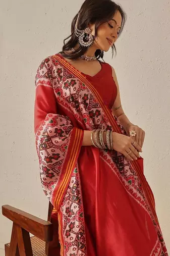 Red woven art silk traditional saree with blouse piece