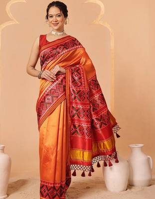 Orange woven art silk traditional saree with blouse piece 1