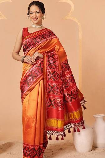 Orange woven art silk traditional saree with blouse piece