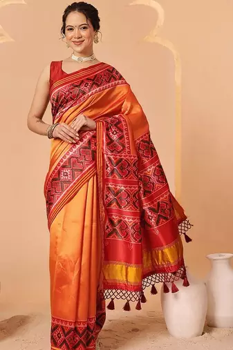 Orange woven art silk traditional saree with blouse piece