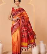 Orange woven art silk traditional saree with blouse piece