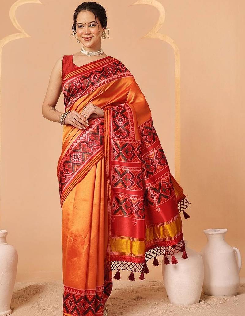 Orange woven art silk traditional saree with blouse piece