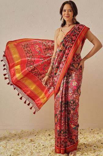 Red printed art silk ethnic saree with blouse piece