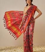 Red printed art silk ethnic saree with blouse piece