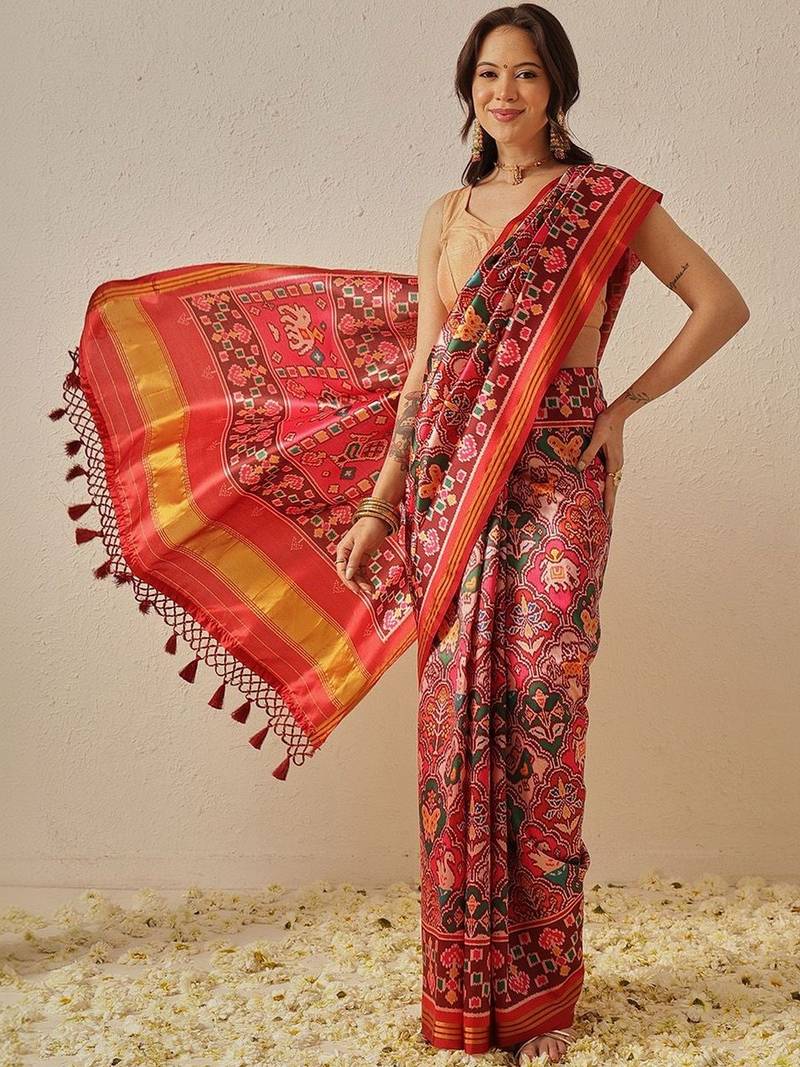 Red printed art silk ethnic saree with blouse piece