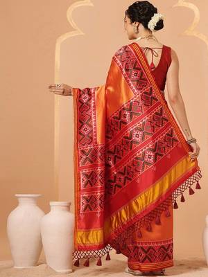 Orange woven art silk traditional saree with blouse piece 2