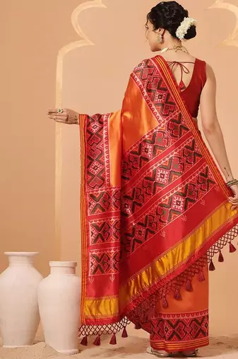 Orange woven art silk traditional saree with blouse piece