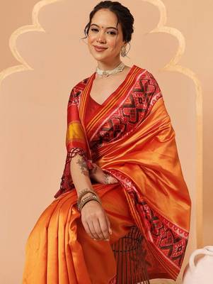 Orange woven art silk traditional saree with blouse piece 3