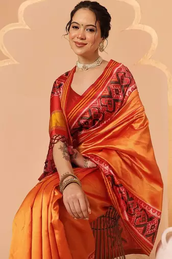 Orange woven art silk traditional saree with blouse piece