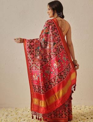 Red printed art silk ethnic saree with blouse piece 2