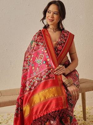 Red printed art silk ethnic saree with blouse piece 3